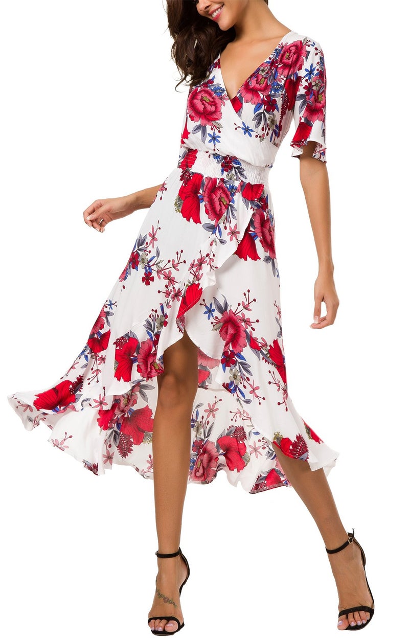 Kormei Womens Short Sleeve Floral Maxi Dress High Low V-Neck Flowy Party Long Dresses XL White - Image 1